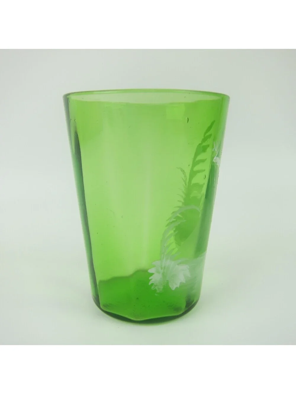Antique Mary Gregory Green Drinking Glass Victorian Tumbler Boy Flowers 1890s